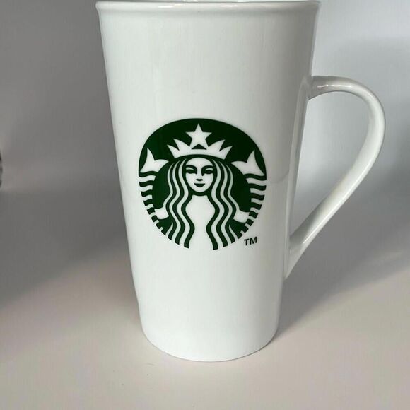 STARBUCKS 16oz Mermaid Siren Logo Tall Ceramic Coffee Mug White & Green 2014 - Picture 1 of 7